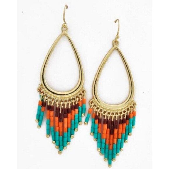 MOde Jewelry - Gold Teardrop Ethnic Earrings Brown Orange Turquoise Native Tribal 3" BOHO SWest